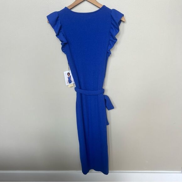 Nation LTD Oriana Ruffled Sash Dress Ribbed Midi Dress Royal Blue Suede NWT - Picture 11 of 14